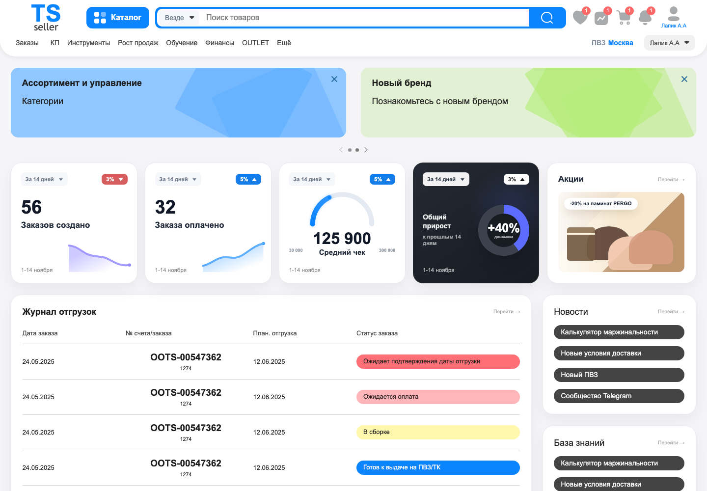 Главное рабочее пространство TS Seller